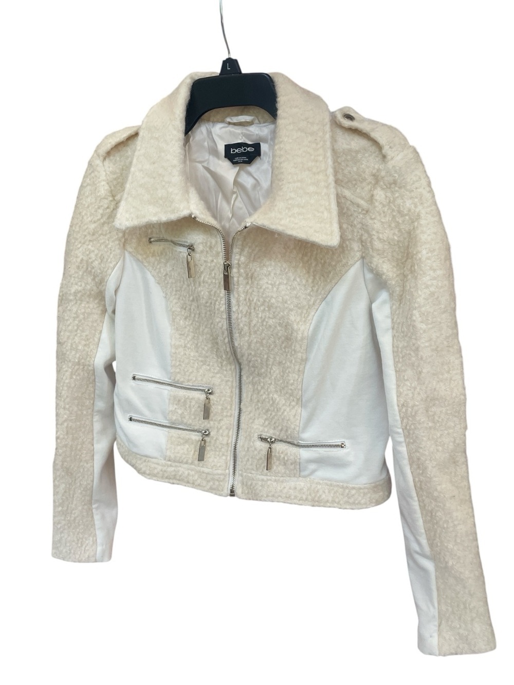 Vintage Bebe Y2K Wool Blend Boucle Cropped Moto Jacket Cream White Medium Small